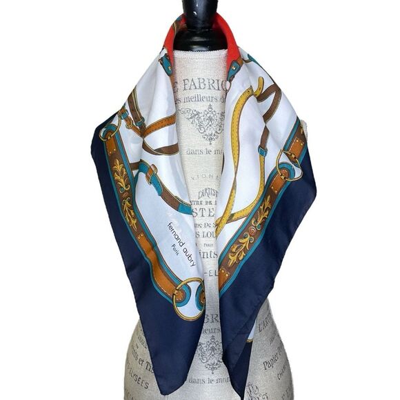 Vintage Fernand Aubry Paris Scarf Equestrian Design Blue Cream Red Tan Gold 30” - Picture 3 of 15